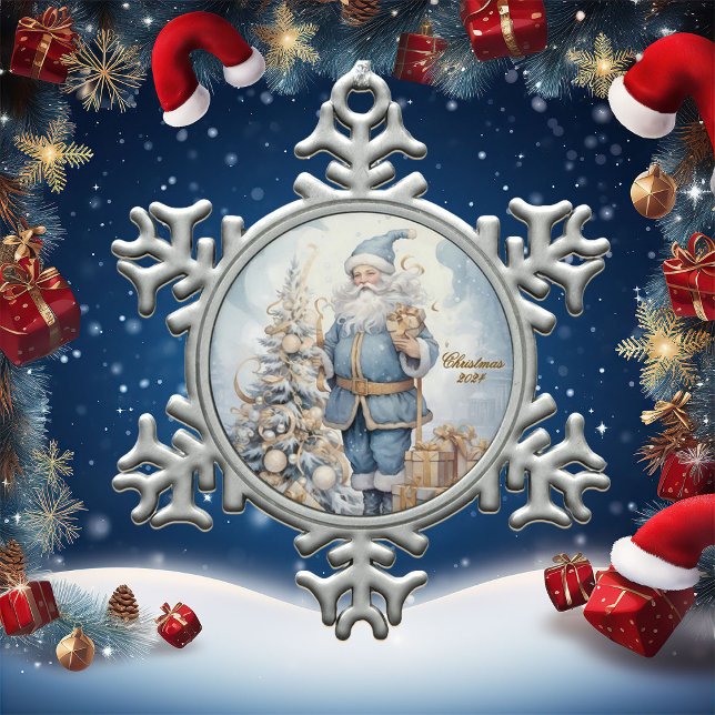Santa in Blue mit Gold Geschenke Winter Schneeflocken Zinn-Ornament (Von Creator hochgeladen)