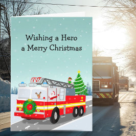 Santa in Firetruck Merry Christmas Hero Karte