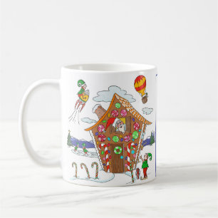 Santa in Gingerbret Haus mit Elfen farbenfroh Kaffeetasse