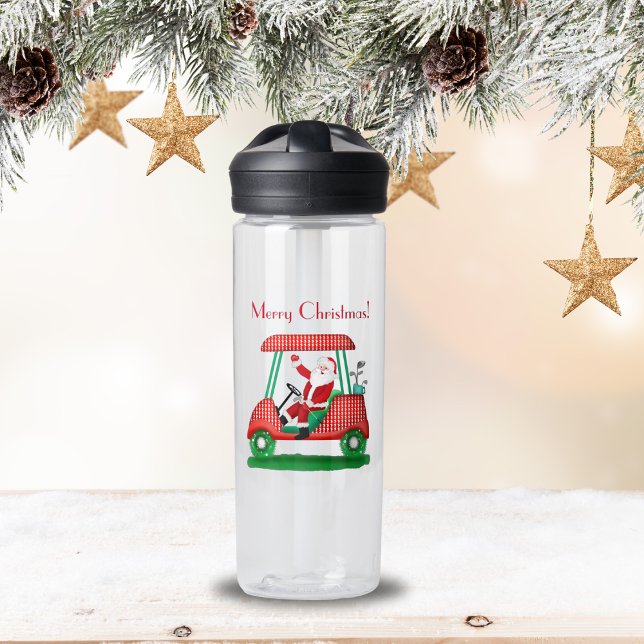 Santa in Golf Cart Frohe Weihnachten Trinkflasche (Stay refreshed in holiday style with Santa on the links water bottle!)