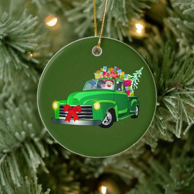 Santa in Green Lieferwagen Truck Keramik Ornament (Baum)