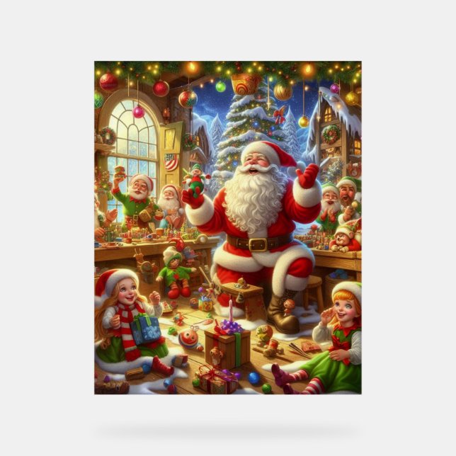 Santa in His Christmas Workshop With Toys Wall Acrylschild (Vorderseite)