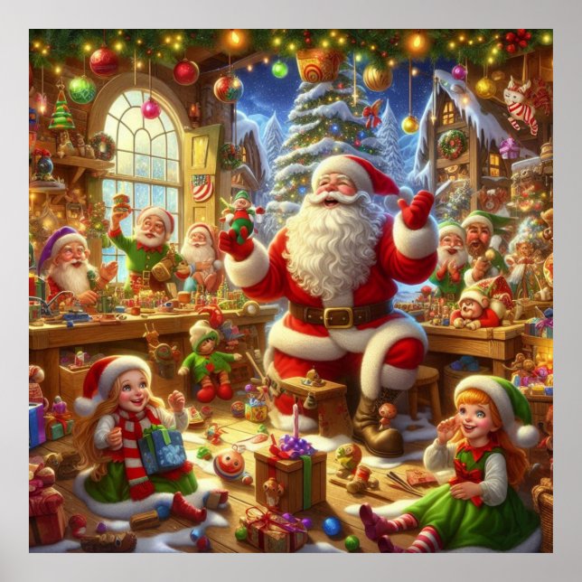Santa in His Christmas Workshop With Toys Wall Poster (Vorne)