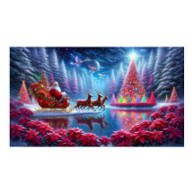 Santa in His Sleigh on Poinsettia Pond Wall Poster