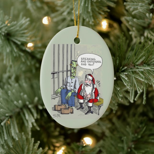 Santa In Jail oval ceramic ornament (Baum)