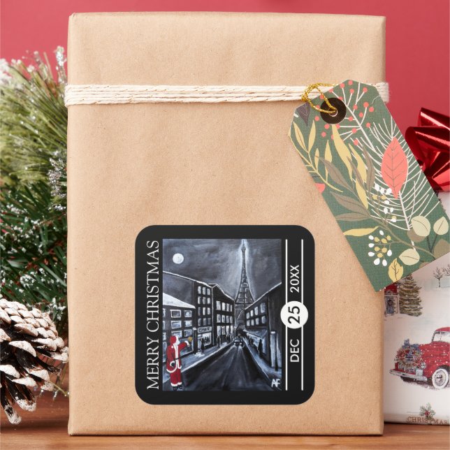 Santa in Paris Christmas Quadratischer Aufkleber (Feiertag)