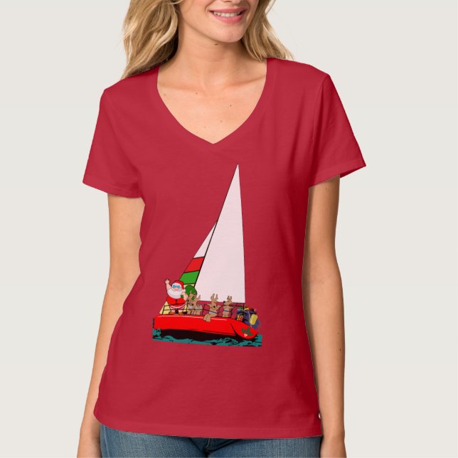 Santa in Sailboat zu Weihnachten T-Shirt (Vorderseite)