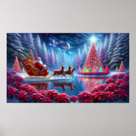 Santa in seinem Schlitten auf dem Weihnachtssternt Poster