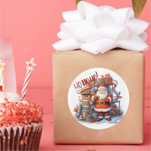 Santa in seiner Spielzeugfabrik Runder Aufkleber