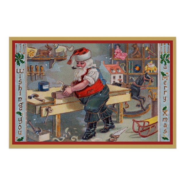 Santa in seiner Werkstatt, Frohe Weihnachten, Poster (Vorderseite)
