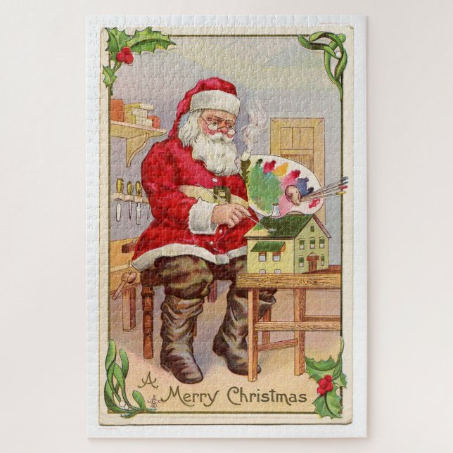 Santa in seiner Werkstatt Vintage Retro-Postkarte, Puzzle (Vertikal)