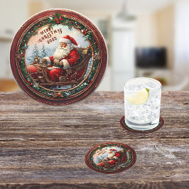 Santa in Sleigh Runder Pappuntersetzer