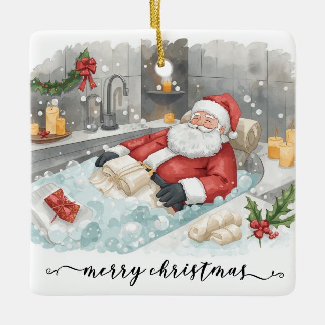 Santa in the Bathtub Spa Christmas themed Keramikornament (Vorderseite)
