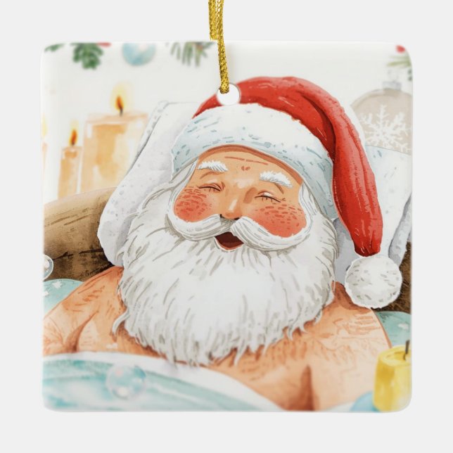 Santa in the Bathtub Spa Christmas themed Keramikornament (Vorderseite)