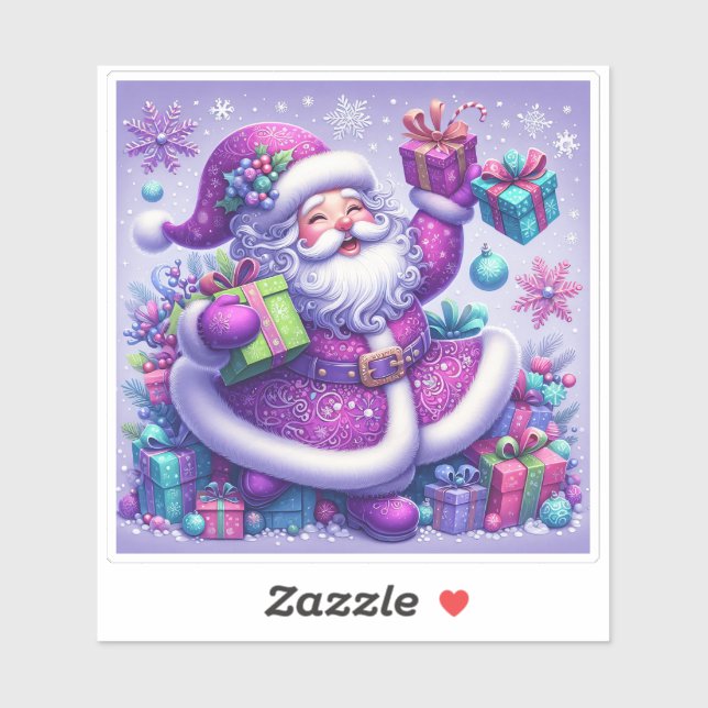 Santa in Violet Umgeben von Geschenken Aufkleber (Blatt)