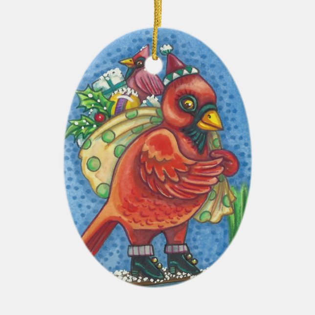 SANTA KARDINAL, CHRISTMAS RED BIRD ORNAval Oval Keramik Ornament (Vorne)