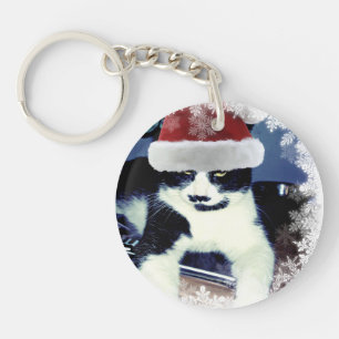 Santa-Katze mit Schnurrbart Weihnachtsschlüsselanh Schlüsselanhänger