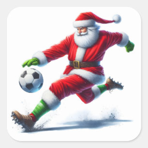 Santa Kicking a Soccer Ball im Freien Quadratischer Aufkleber