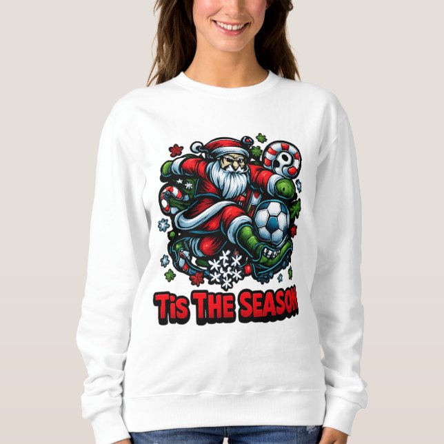 Santa Kicking Soccer Ball Weihnachtsfeiertag Sweatshirt (Vorderseite)