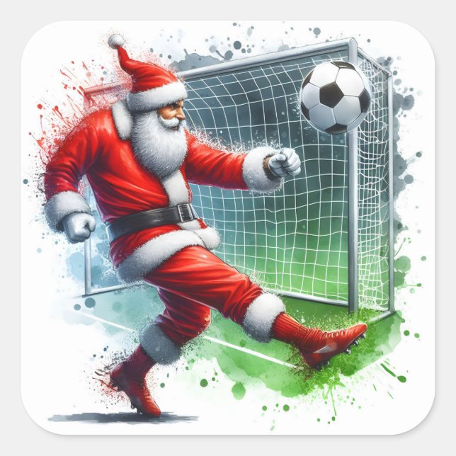 Santa Kicks a Soccer Ball auf dem Weg zum Ziel Quadratischer Aufkleber (Vorderseite)