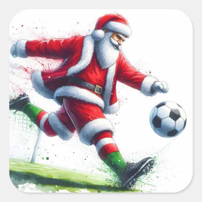 Santa Kicks Ball im Winter Fest Quadratischer Aufkleber (Vorderseite)