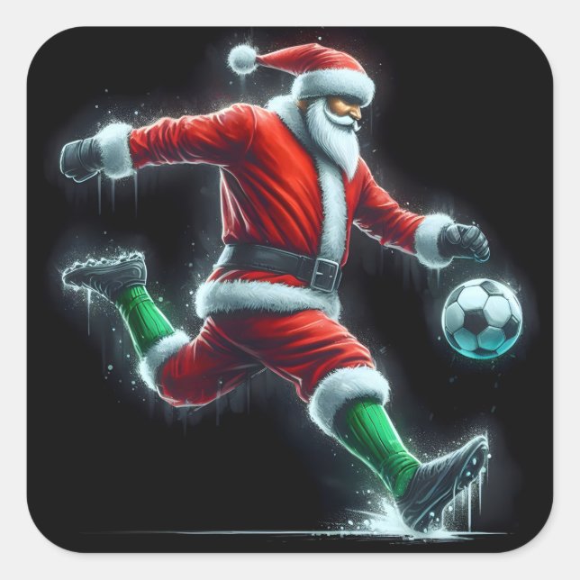 Santa Kicks ein Fußballball im Schnee Quadratischer Aufkleber (Vorderseite)