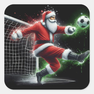 Santa Kicks ein Fußballball Weihnachten Quadratischer Aufkleber