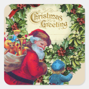 SANTA, KIND, CHRISTMAS CROWN, HOLLYBERRY, MISTLETO QUADRATISCHER AUFKLEBER