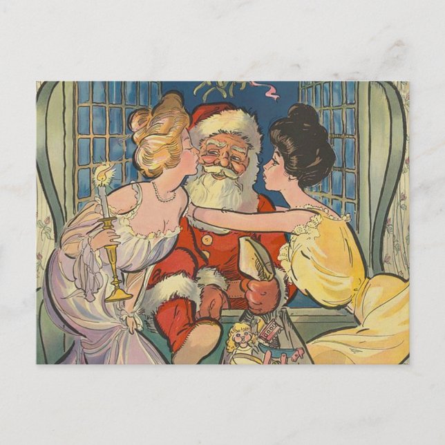 Santa Kissing Vintage Weihnachtskarte Feiertagspostkarte (Vorderseite)