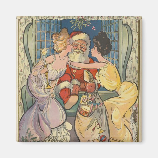 Santa Kissing Vintage Weihnachtskarte Magnet (Vorne)