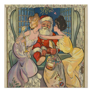 Santa Kissing Vintage Weihnachtskarte Poster