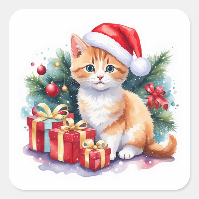 Santa Kitten (orange/weiß) mit Geschenken Quadratischer Aufkleber (Vorderseite)