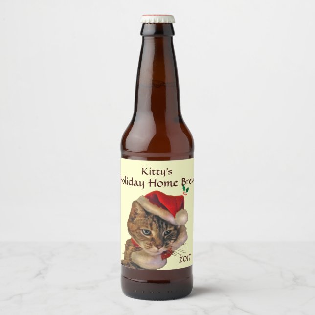 Santa Kitty Christmas Zuhause Brew Bierflaschenetikett (Vorderseite)