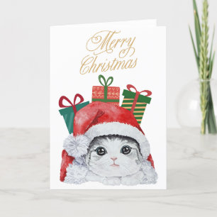 Santa Kitty Niedlich Watercolor Ferienkarte Feiertagskarte