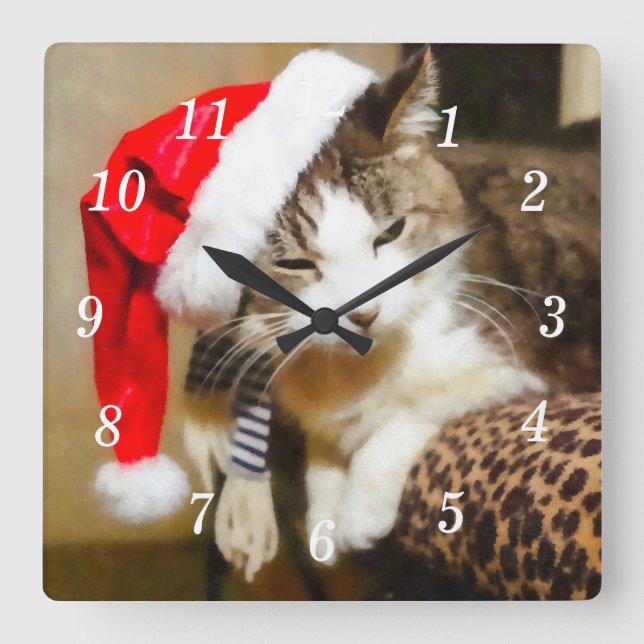 Santa Kitty Painterly Wall Clock Quadratische Wanduhr (Vorderseite)