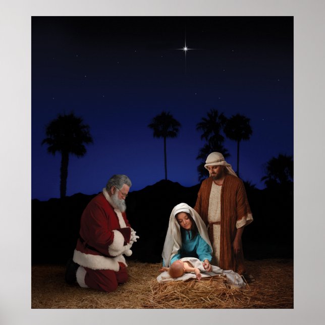 Santa Kneeling an der Geburt Poster (Vorne)