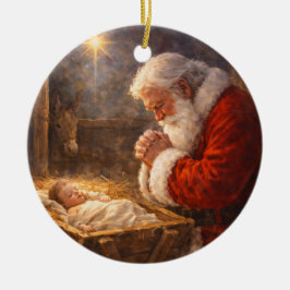 Santa Kneeling at the Manger Nativity Keramik Ornament
