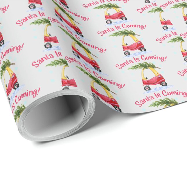 Santa kommt die Kinder Weihnachtsbaum Red Car Geschenkpapier (Rolleneckpunkt)