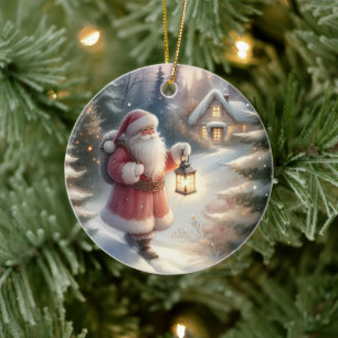 Santa Lantern Walk Winter Hütte Szene Keramik Ornament