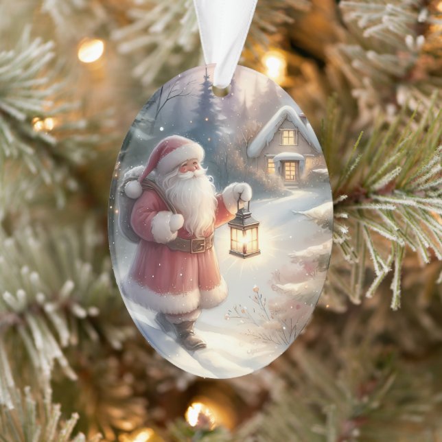 Santa Lantern Walk Winter Hütte Szene Ornament (Baum)