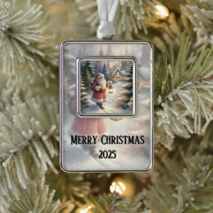 Santa-Laternenweg Winter Cottage Szene Rahmen-Ornament Silber