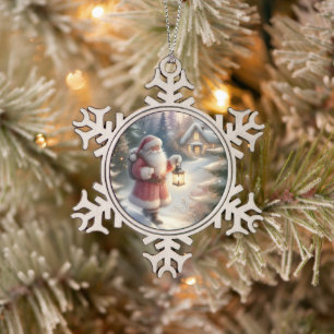 Santa-Laternenweg Winter Cottage Szene Schneeflocken Zinn-Ornament