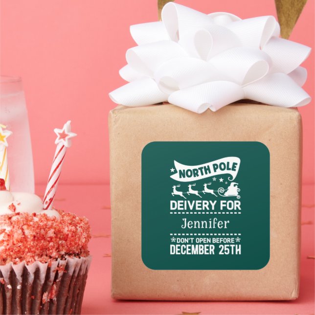 SANTA Liefername für GREEN & White North Pole Quadratischer Aufkleber (Party)