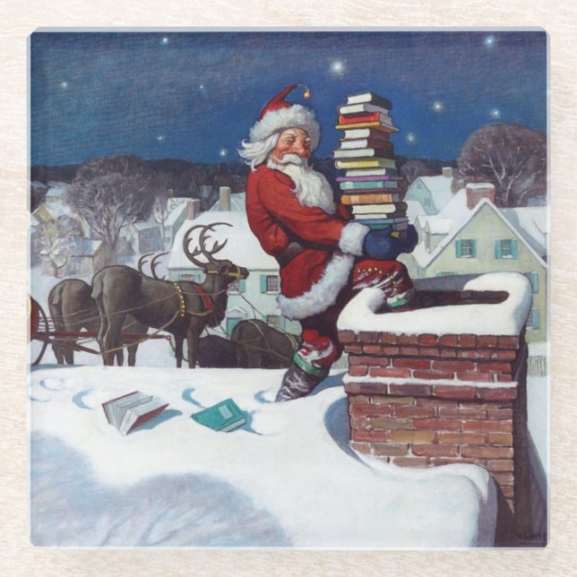 Santa liefert Bücher von Wyeth Glasuntersetzer (Vorderseite)