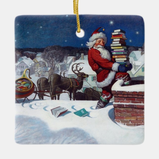 Santa liefert Bücher von Wyeth Keramikornament (Vorderseite)