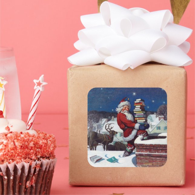 Santa liefert Bücher von Wyeth Quadratischer Aufkleber (Party)