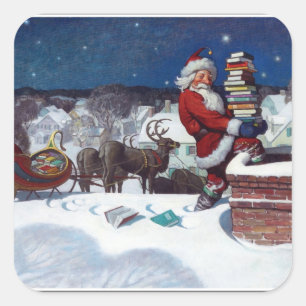 Santa liefert eine Ladung Bücher Quadratischer Aufkleber