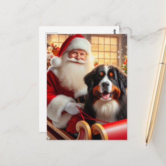 Santa liefert einen Berner Hund Postkarte (Vorderseite/Rückseite Beispiel)