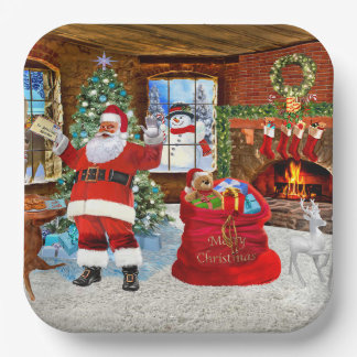 Santa liefert Geschenke am Weihnachtstag Pappteller