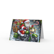 Santa liefert Pakete auf grünem Motorrad